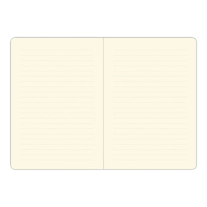 Blank cream-colored notebook with two pages open on a white background