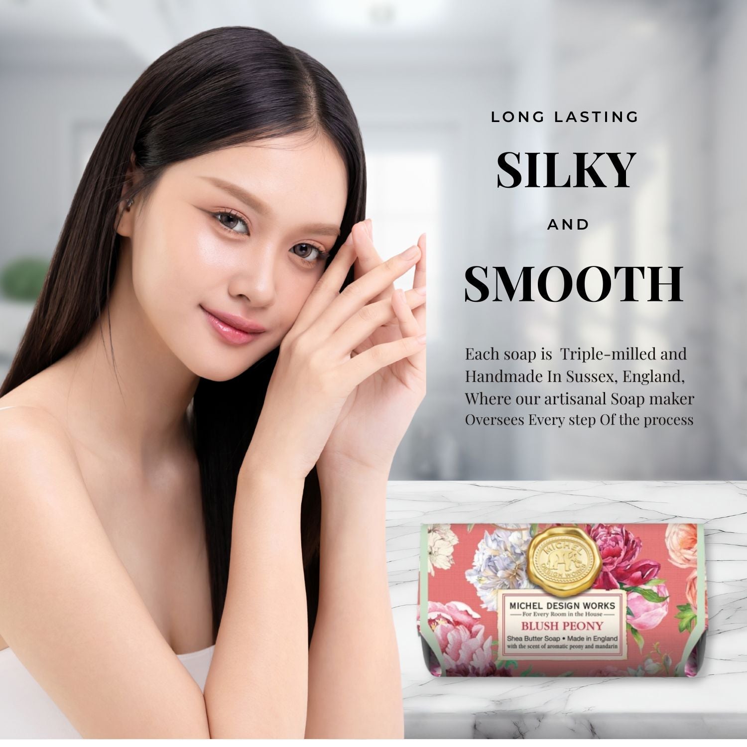 Woman with smooth skin next to a soap bar with branding text