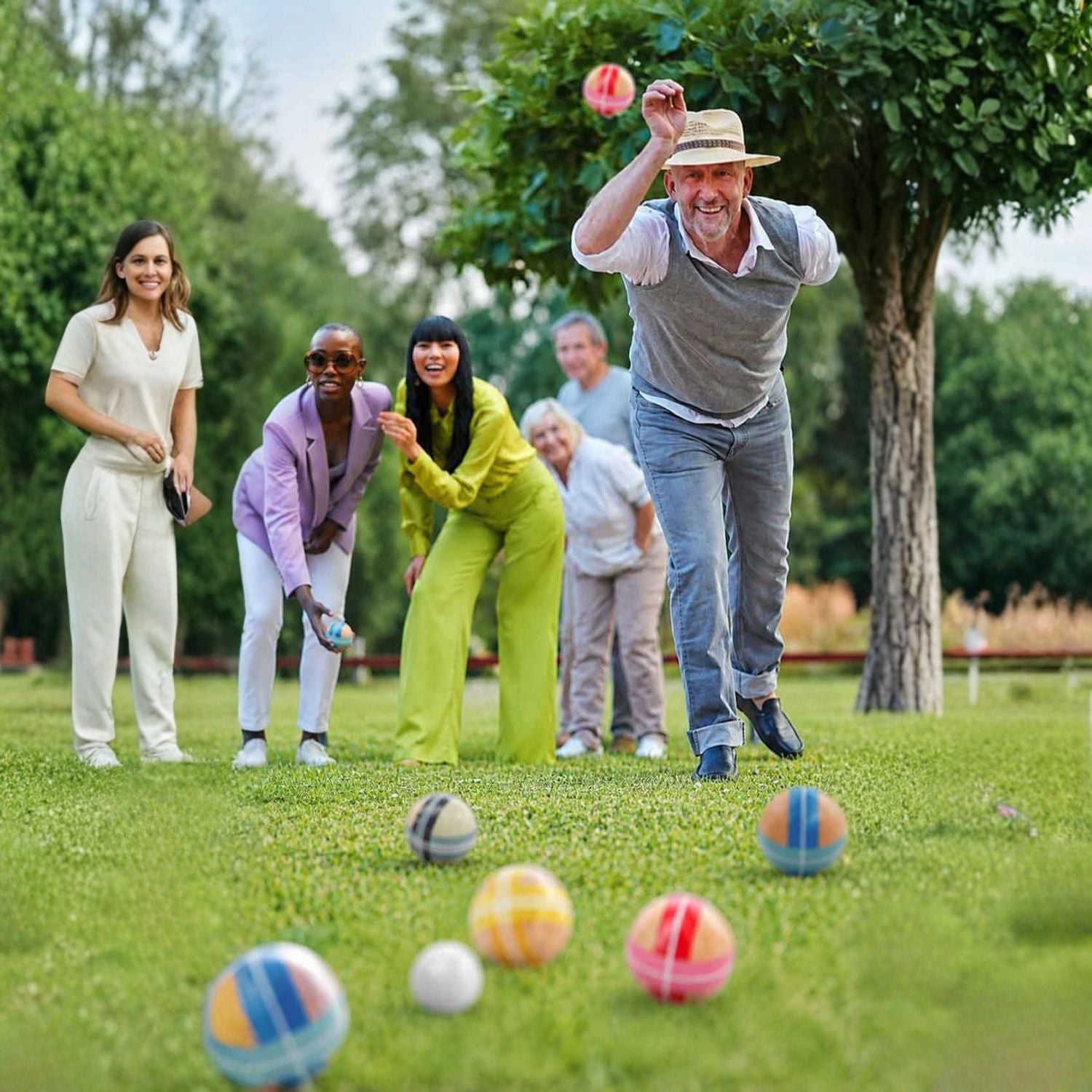 Group of people playing bocce ball in a park