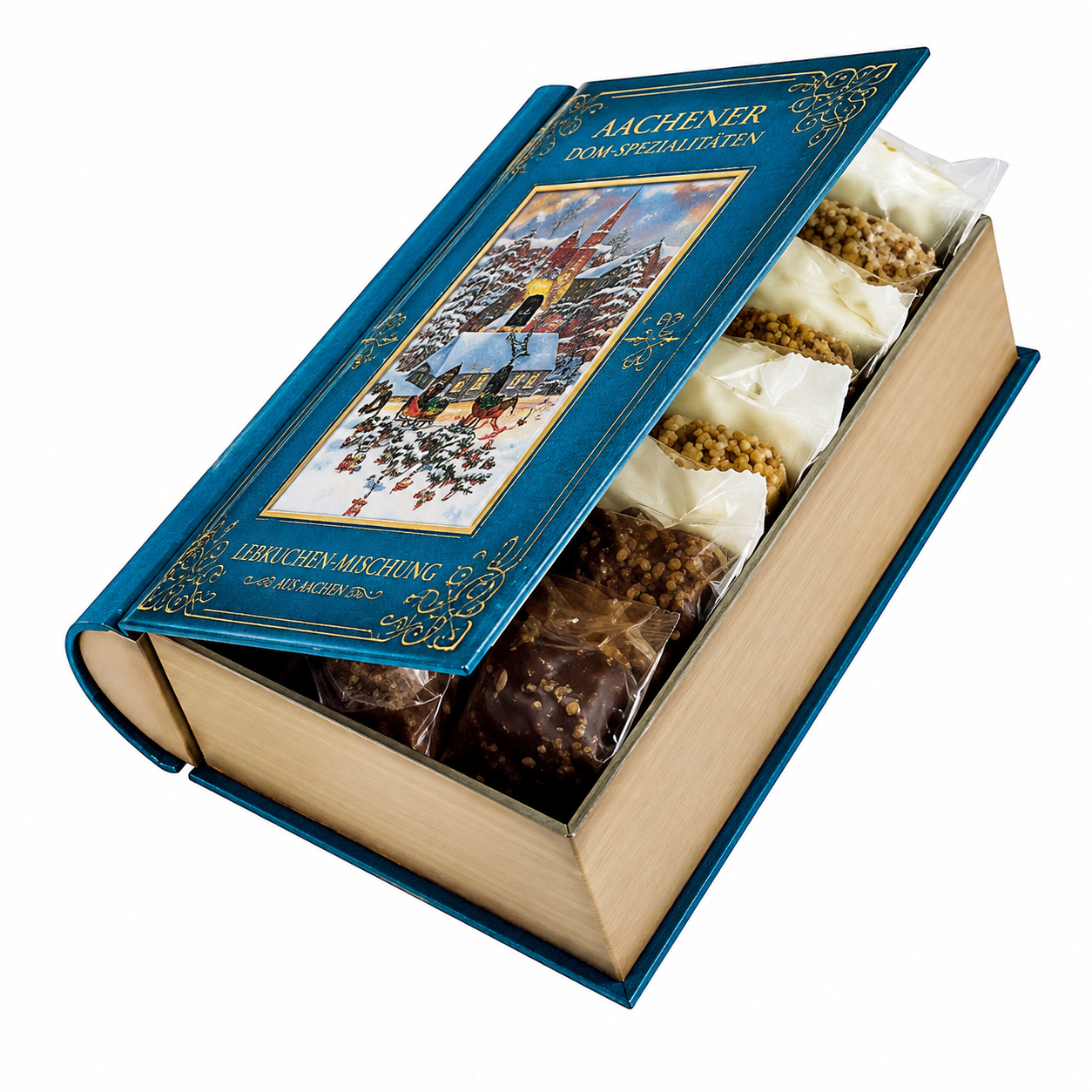 Book-shaped chocolate box with a decorative cover featuring a winter scene.