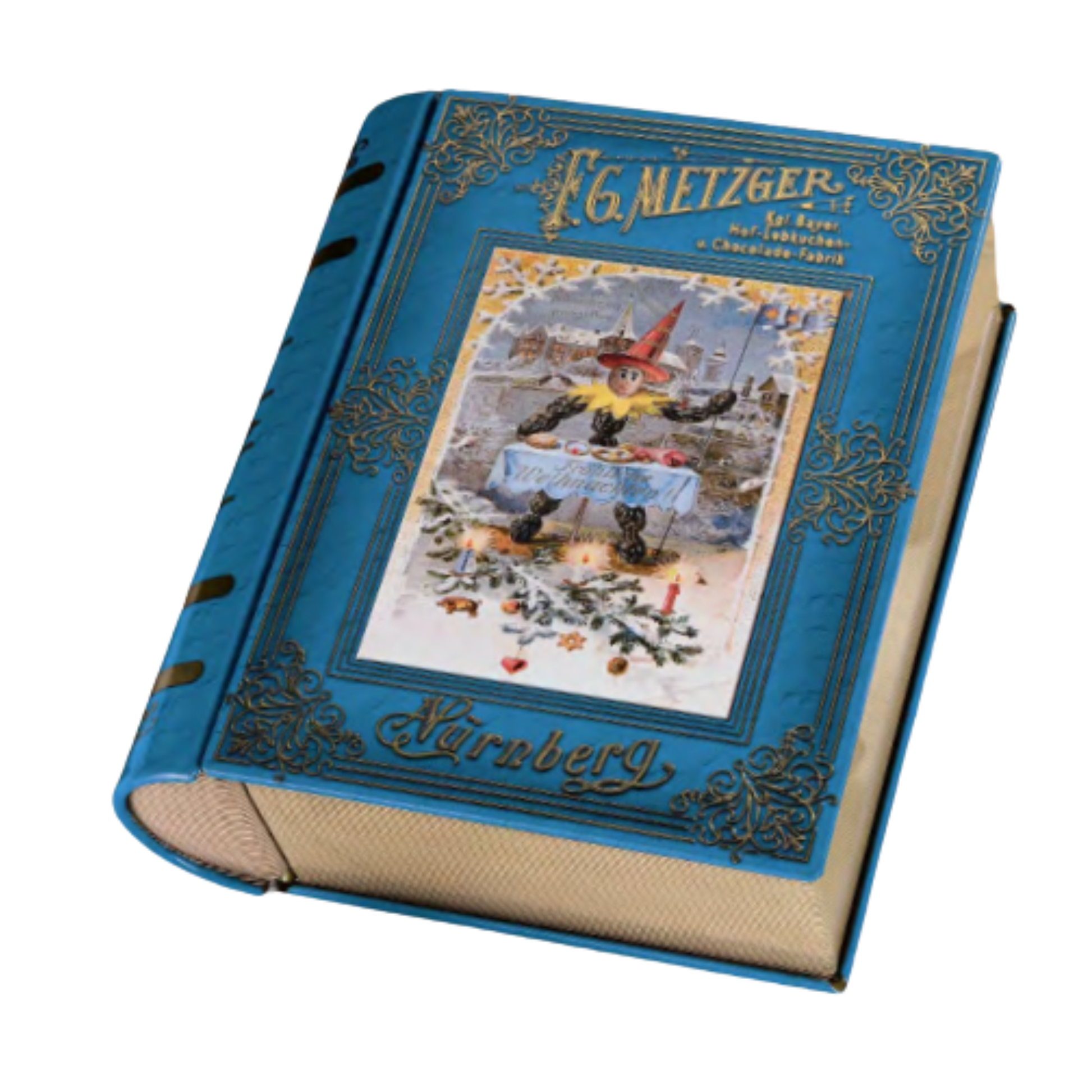 Decorative book with blue cover and intricate design on a white background