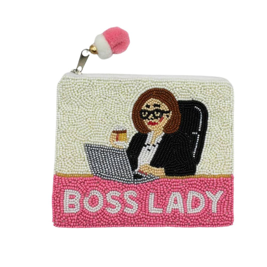 Hand-beaded Boss Lady coin purse with laptop illustration.
