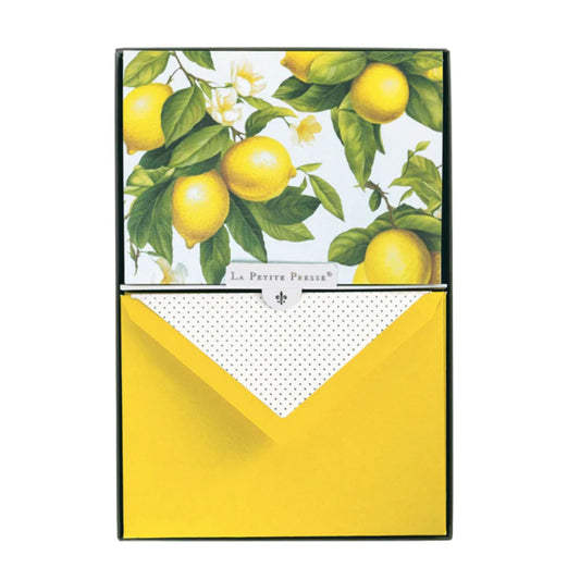 Boxed Notes with lemon design on the cover and yellow