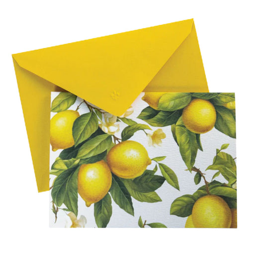 Greeting card with lemon design and yellow envelope on a white background