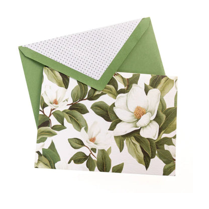 Magnolia Note Card and envelope with green interior on a white background