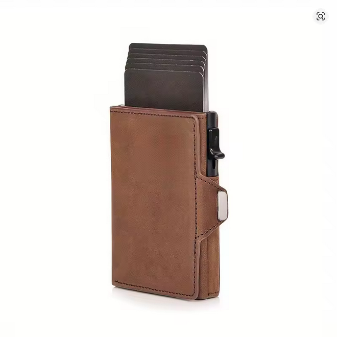 Brown leather wallet with card slots on a white background
