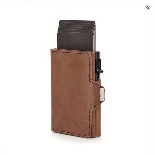 Brown leather wallet with card slots on a white background