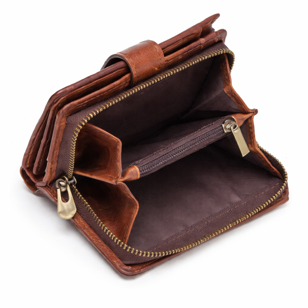 Brown leather wallet with gold zipper on a white background