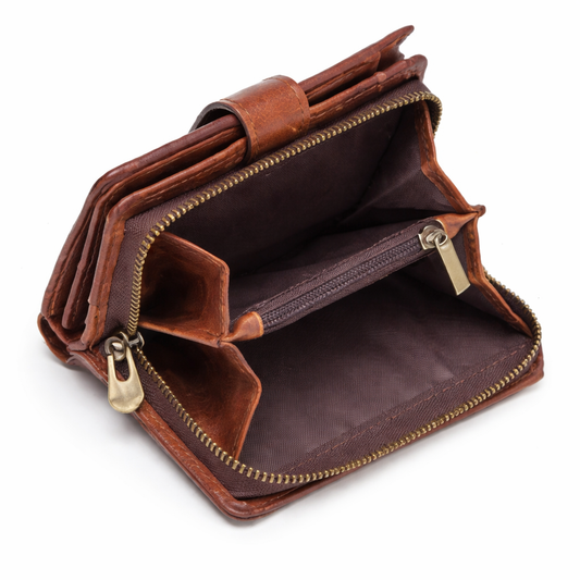Brown leather wallet with gold zipper on a white background