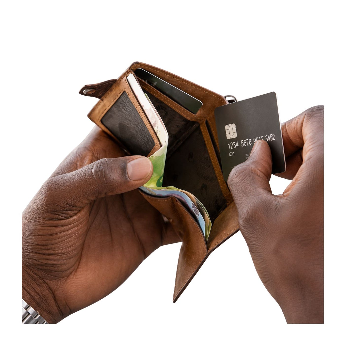 Person opening a brown leather wallet to reveal cards and a phone on a white background