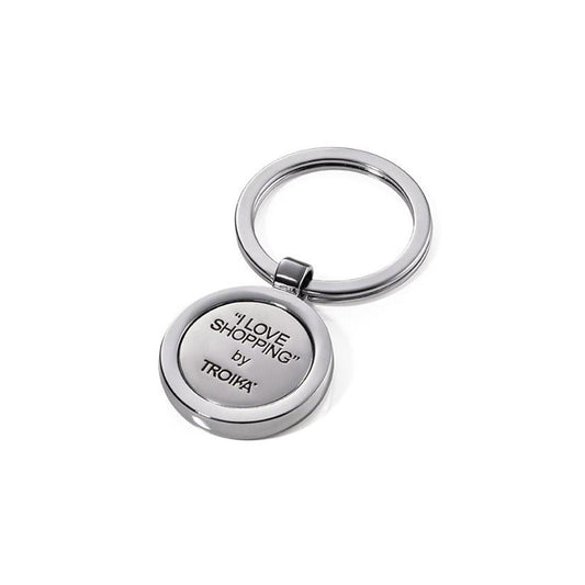 Silver keychain with 'I Love Shopping' by Troika text on a white background