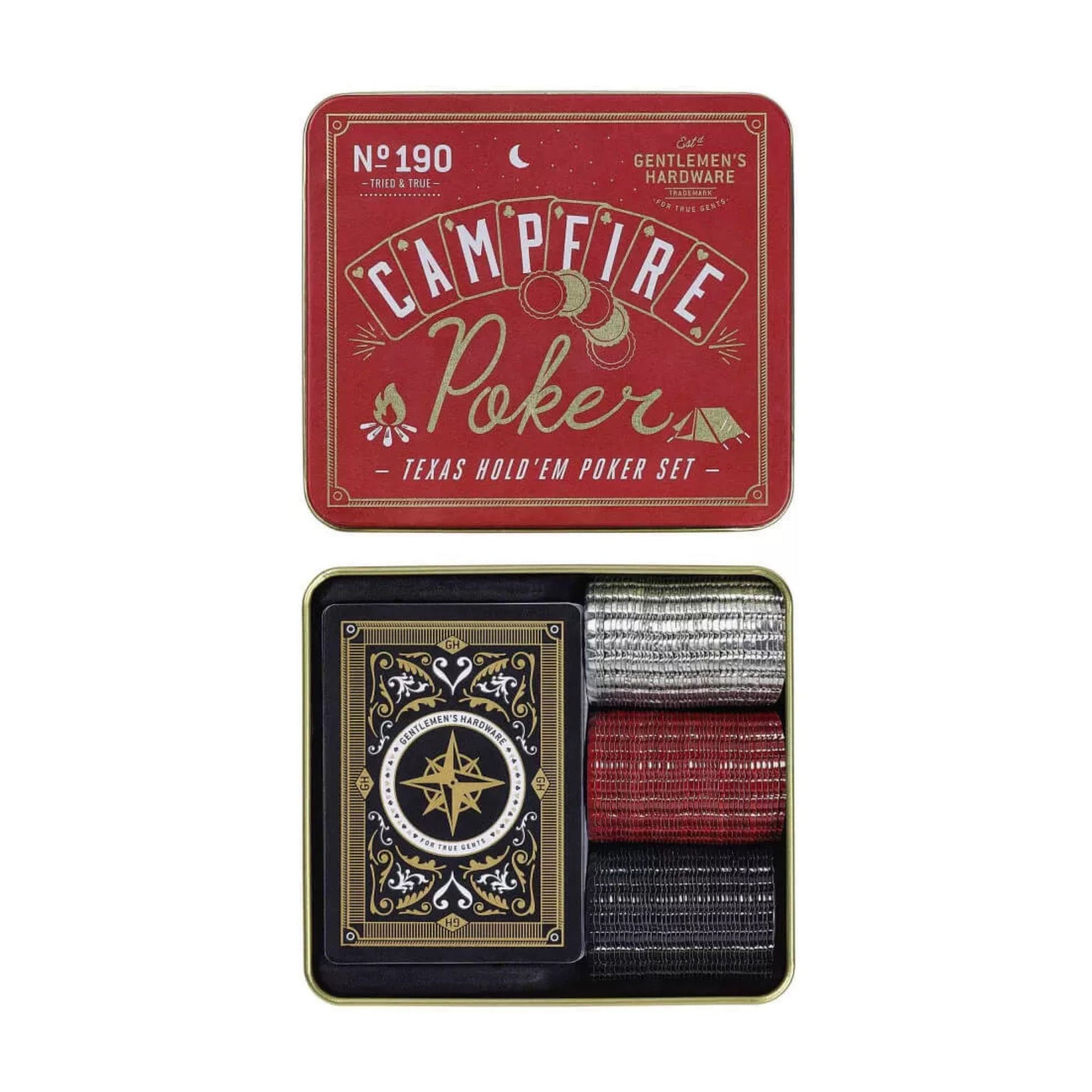 A Texas Hold'em Poker set in a decorative metal tin, shown both closed and open. The closed tin features a red cover with gold and white lettering that reads 'CAMPFIRE Poker' and 'Texas Hold'em Poker Set'.