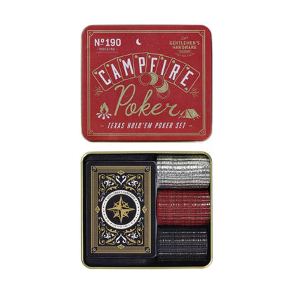 A Texas Hold'em Poker set in a decorative metal tin, shown both closed and open. The closed tin features a red cover with gold and white lettering that reads 'CAMPFIRE Poker' and 'Texas Hold'em Poker Set'.
