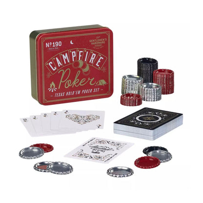 Campfire Poker set with cards, chips, and packaging on a white background