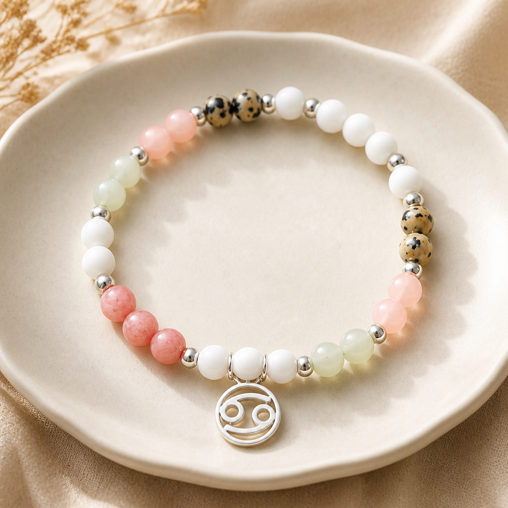 Bracelet with pink, white, and gold beads on a ceramic plate