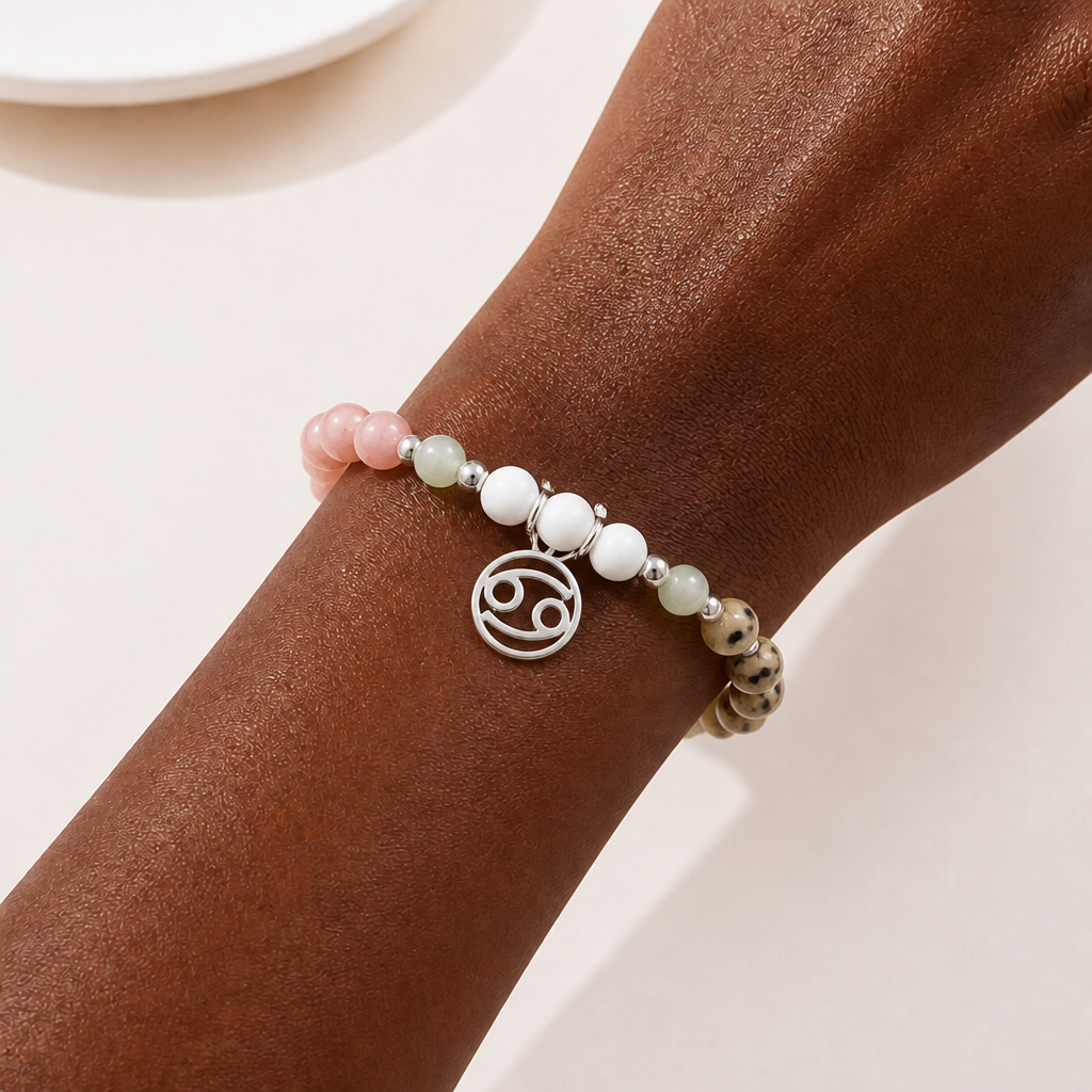 Bracelet with a zodiac symbol charm on a wrist against a neutral background