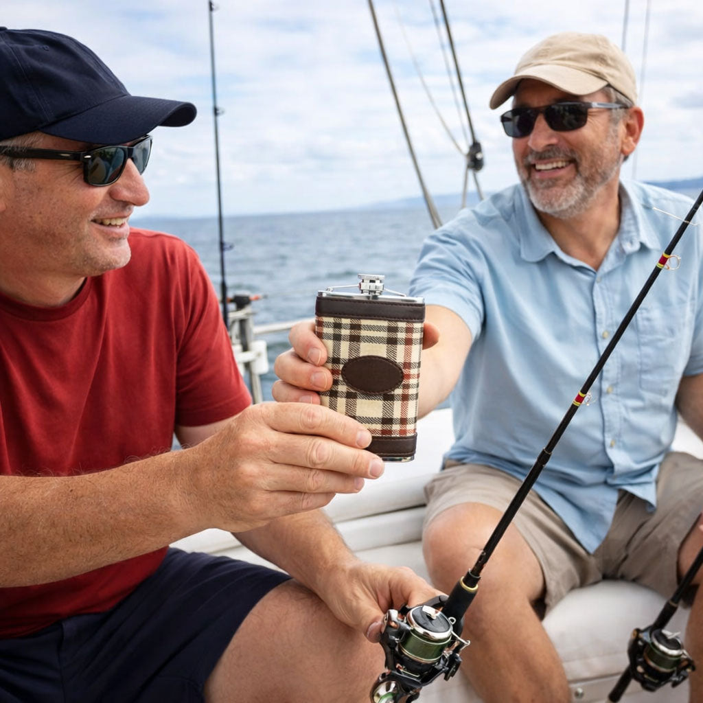 Two men on a boat, one holding a flask and fishing rod, enjoying a conversation.