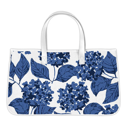Botanical blue canvas tote on white background