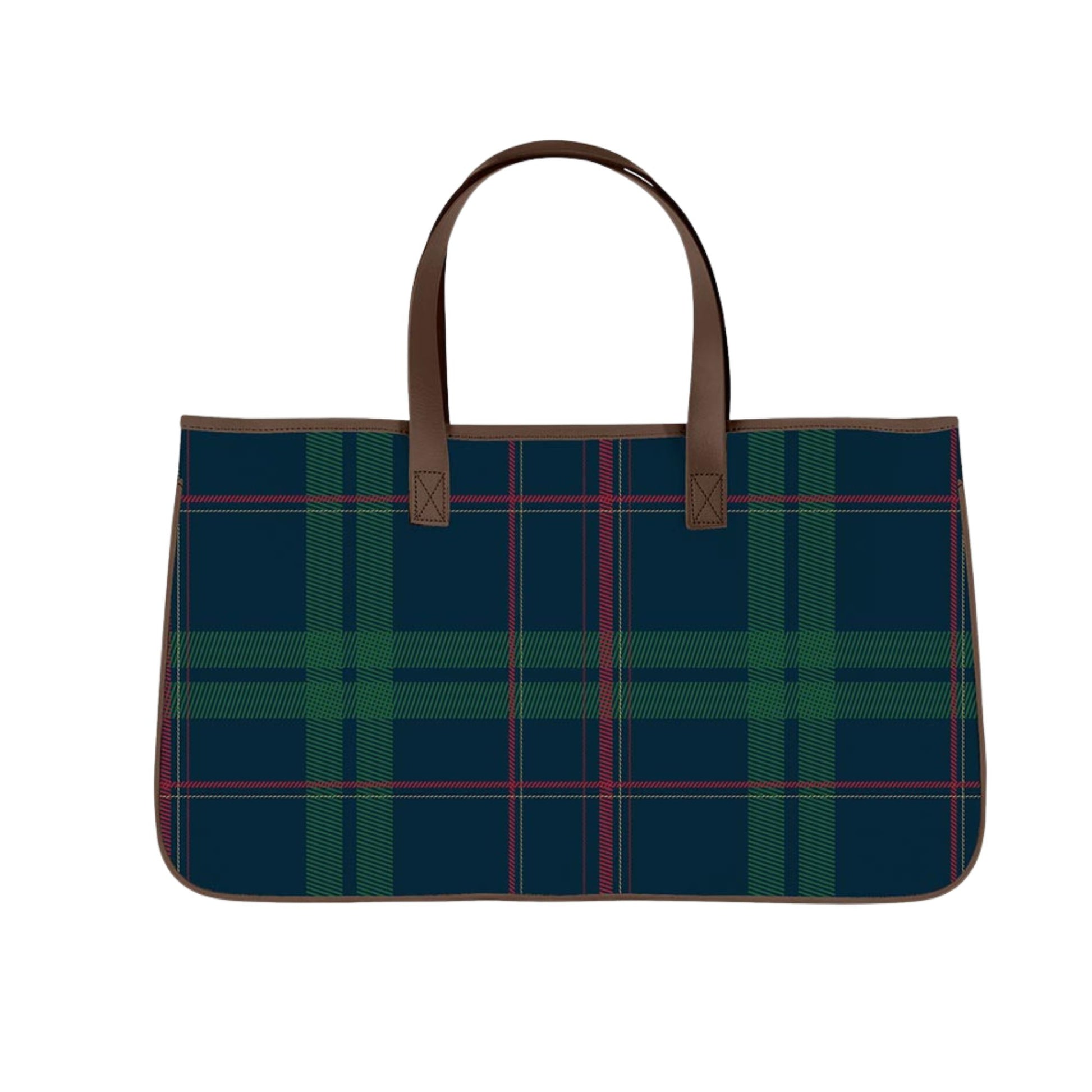 Navy plaid canvas tote bag with brown handles, spacious tartan carryall for shopping, travel, beach days, weekend outings, and everyday use.