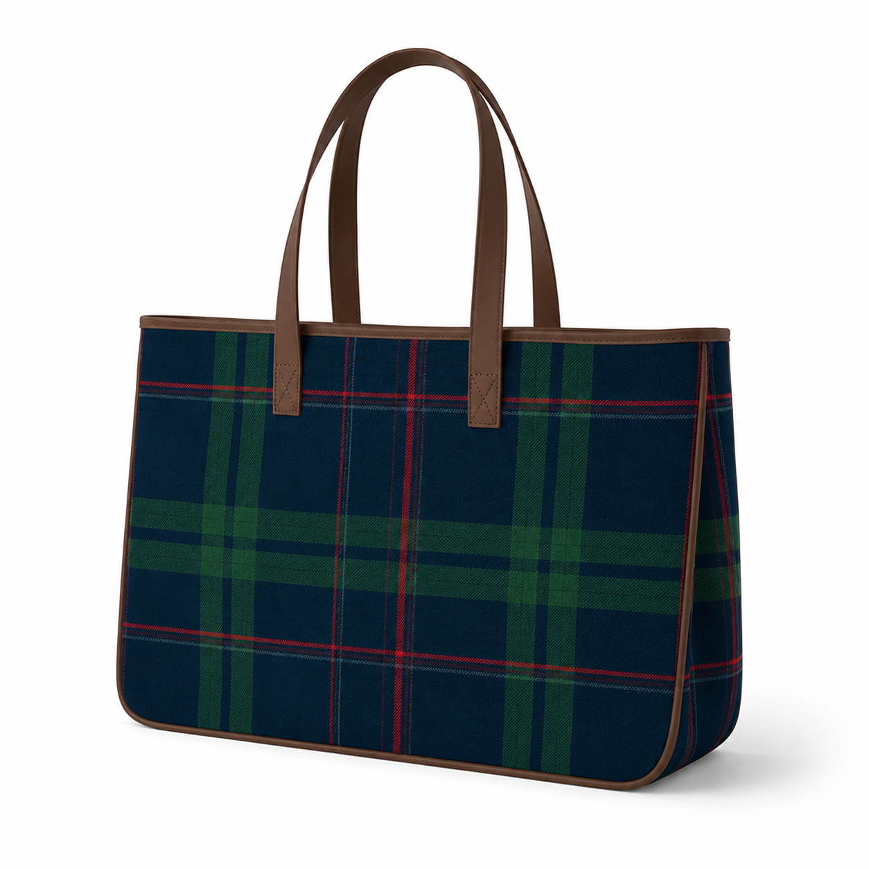 Navy plaid canvas tote bag with brown handles, spacious tartan carryall for shopping, travel, beach days, weekend outings, and everyday use.
