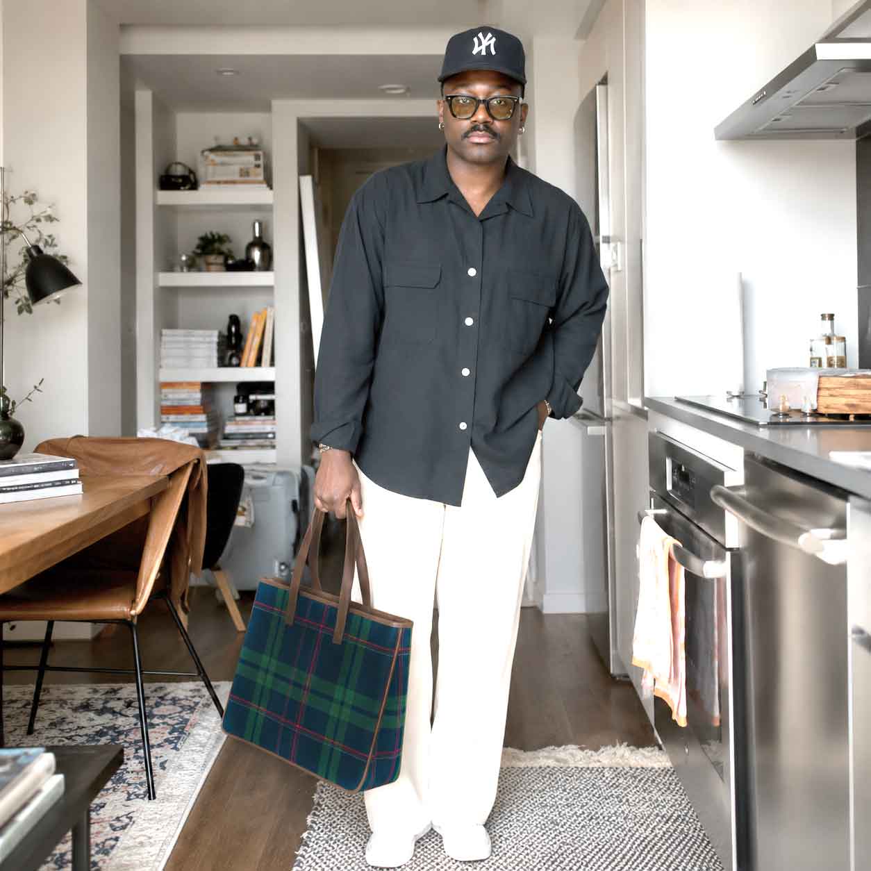 Navy plaid canvas tote bag with brown handles, spacious tartan carryall for shopping, travel, beach days, weekend outings, and everyday use @ Art + Design SXM