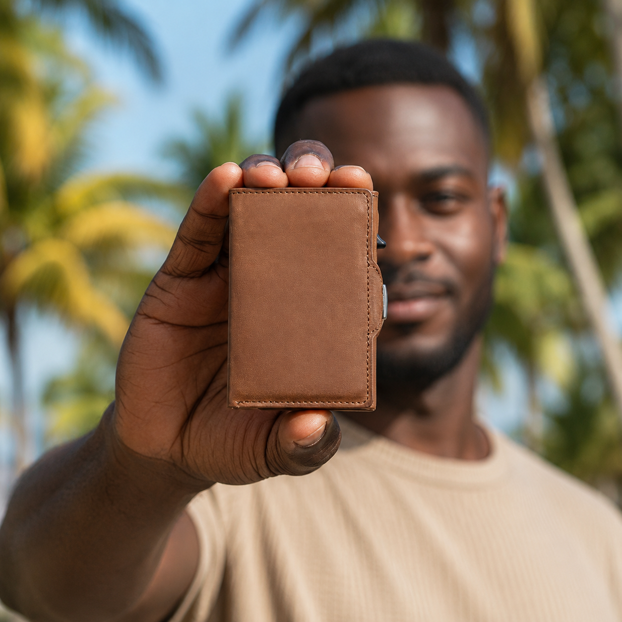 Man holding a brown leather wallet with palm trees in the background