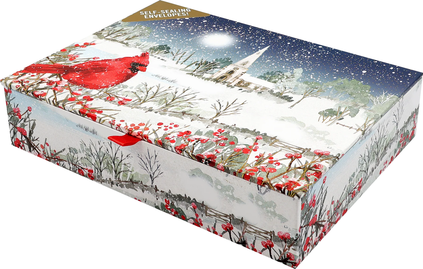 Card box with a cardinal perches on snow- and berry-laden branches, with a country church in the distance. 