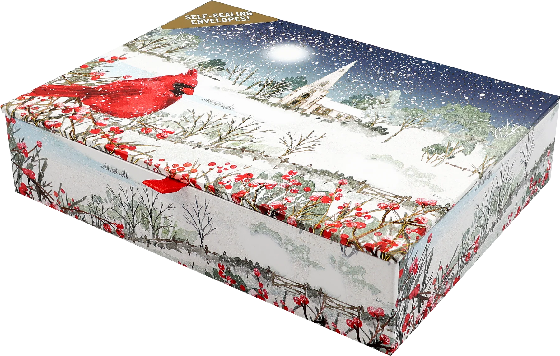 Card box with a cardinal perches on snow- and berry-laden branches, with a country church in the distance. 