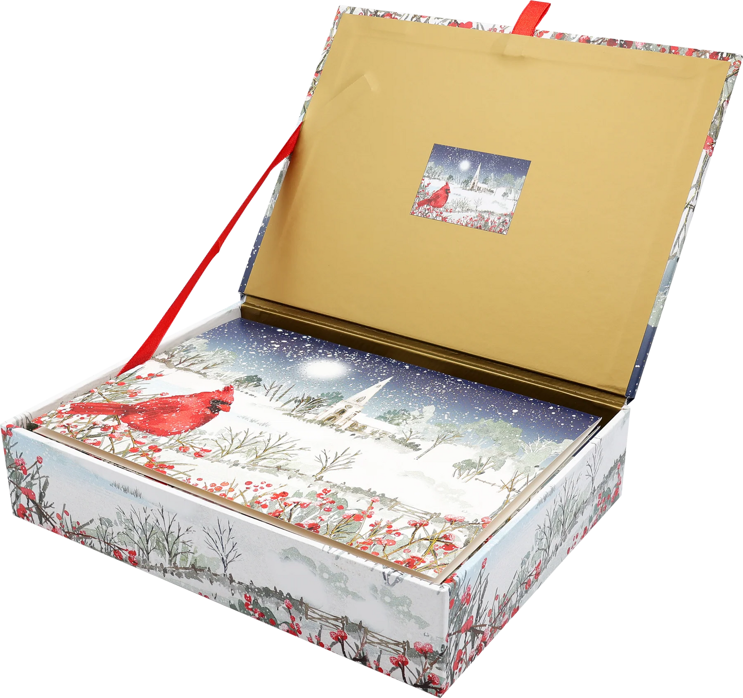 Card box with a cardinal perches on snow- and berry-laden branches, with a country church in the distance. 