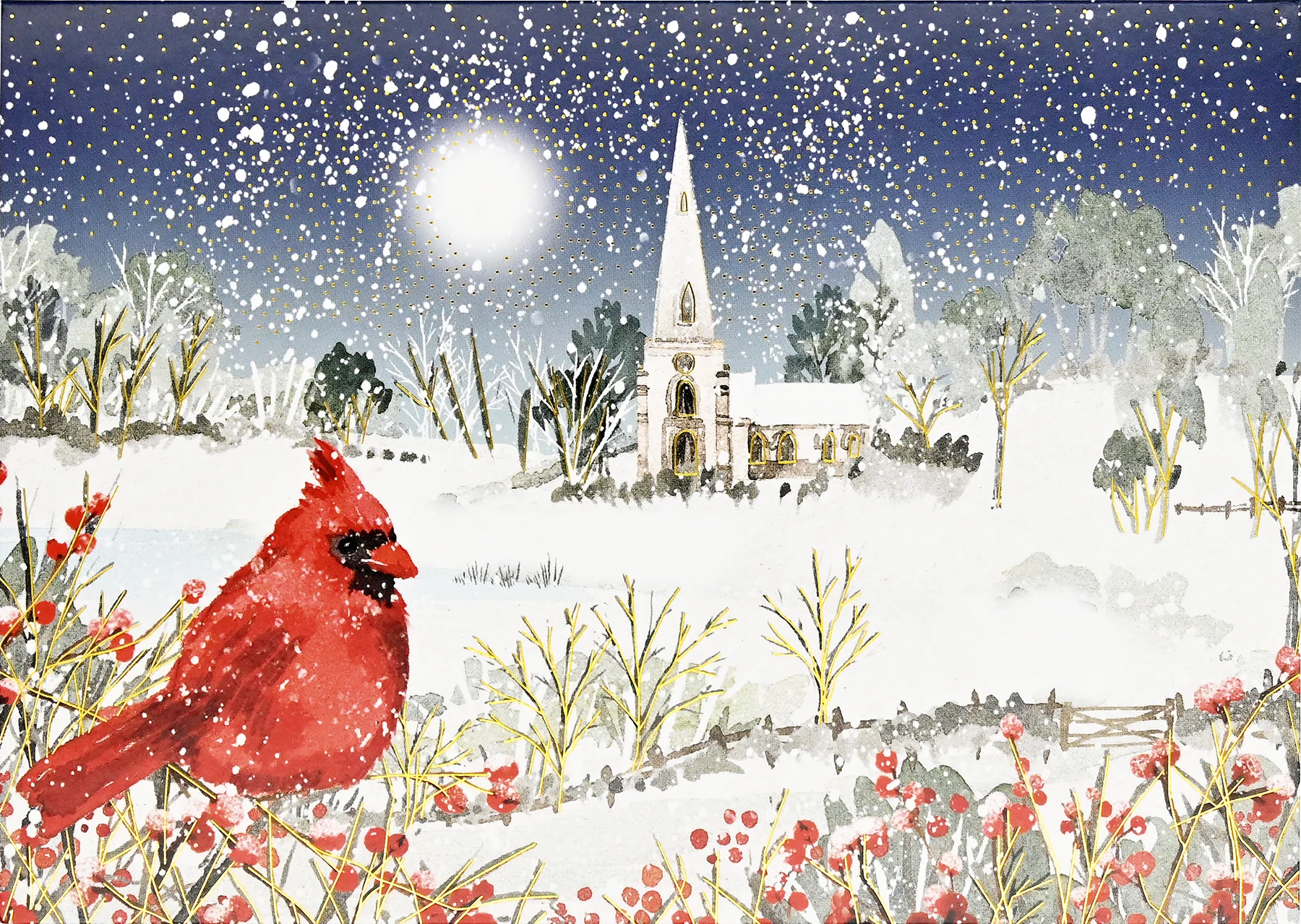 Card box with a cardinal perches on snow- and berry-laden branches, with a country church in the distance. 