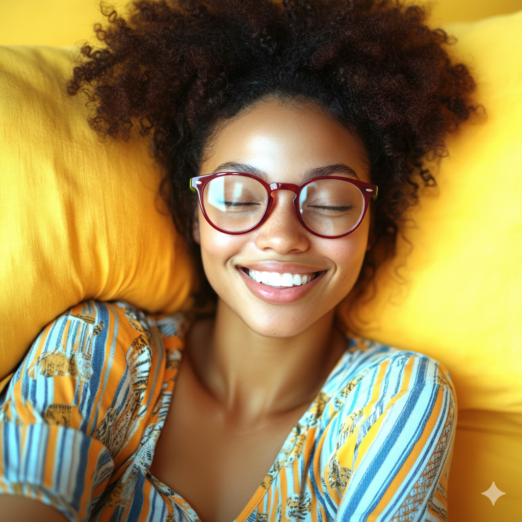 Woman wearing glasses and a patterned shirt, lying on yellow pillows.