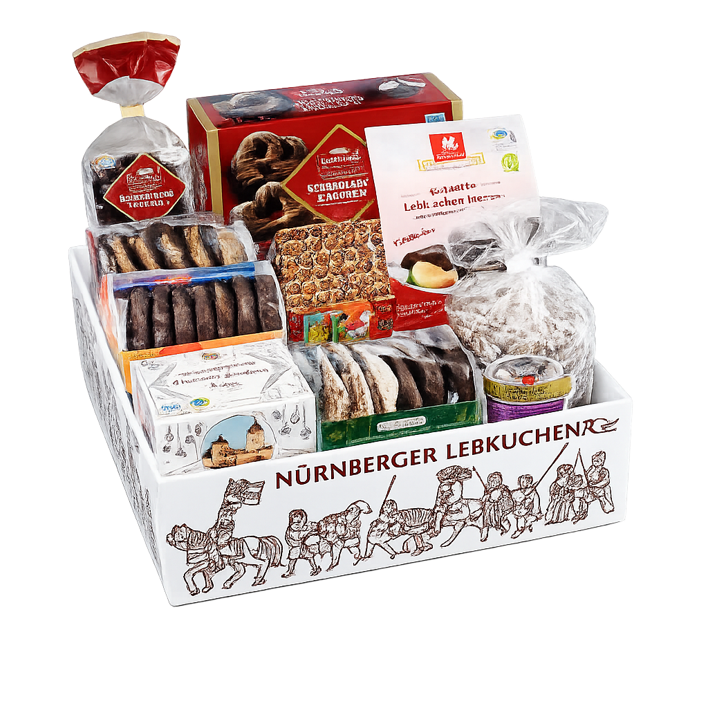 Assorted German cookies and pastries in a decorative box with 'Nürnberger Lebkuchen' branding.