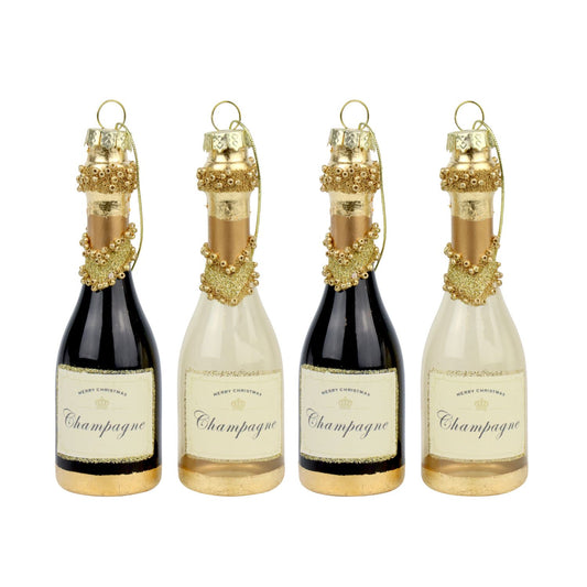 Four decorative champagne bottle ornaments with gold embellishments on a white background