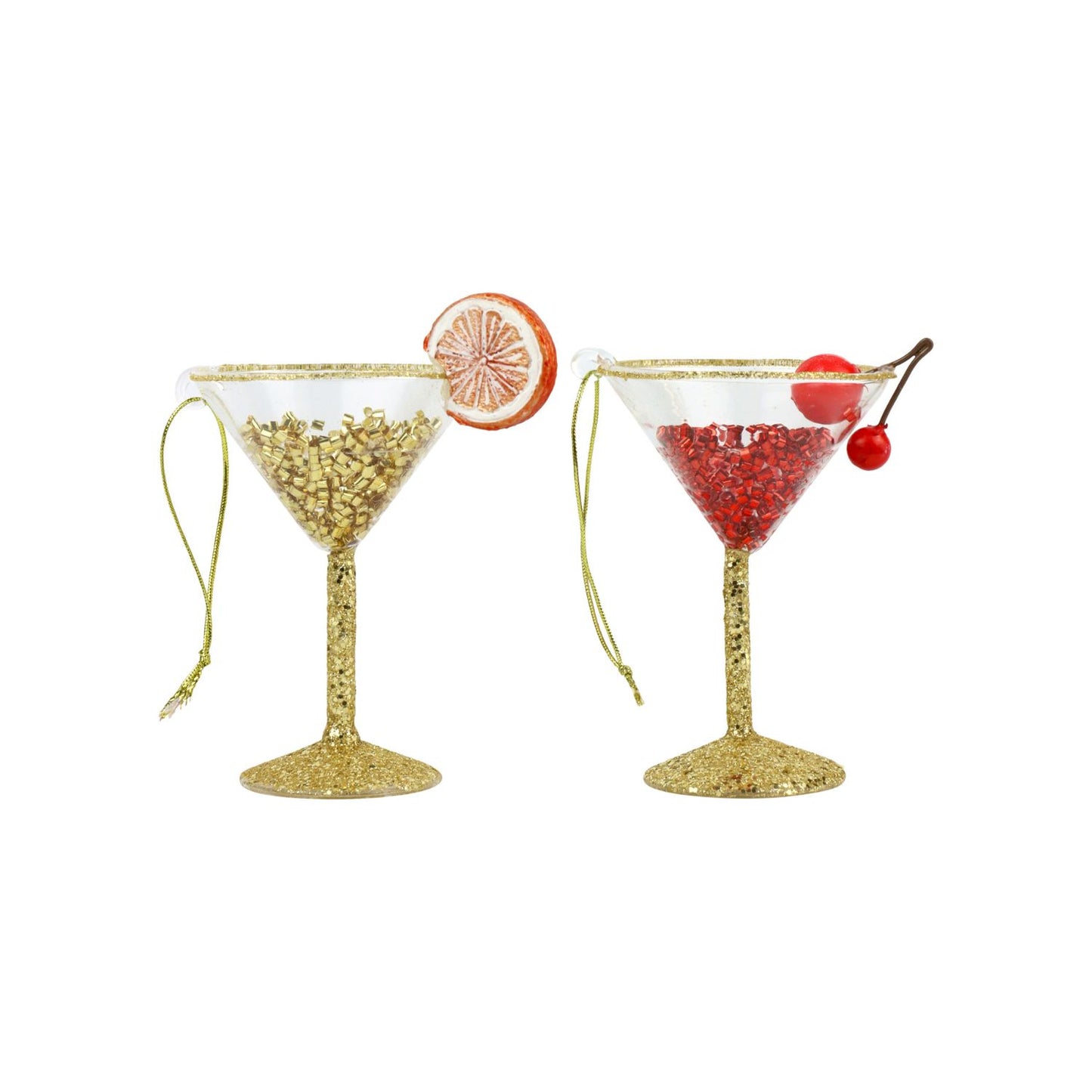 Two decorative cocktail glass Christmas ornaments with gold glitter, one filled with red beads and a cherry, the other with clear beads and a grapefruit slice, on a white background.