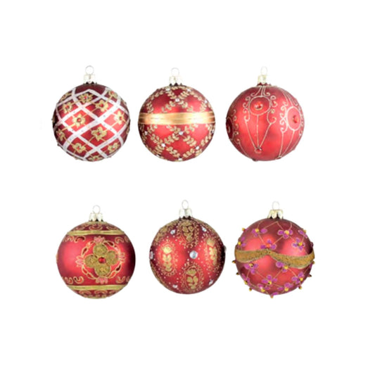 Set of six red Christmas ornaments with gold and white designs on a white background