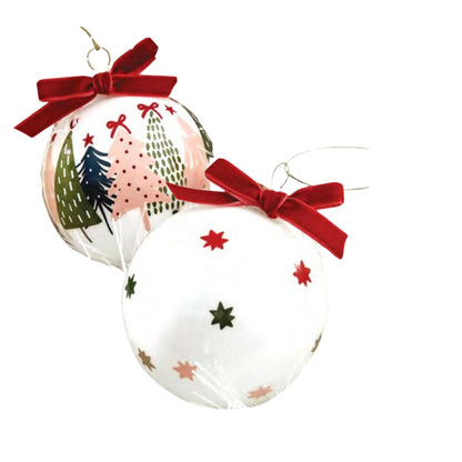 Boxed set of two glass Christmas ornaments with festive tree and star designs, red velvet bows, and elegant holiday gift packaging.