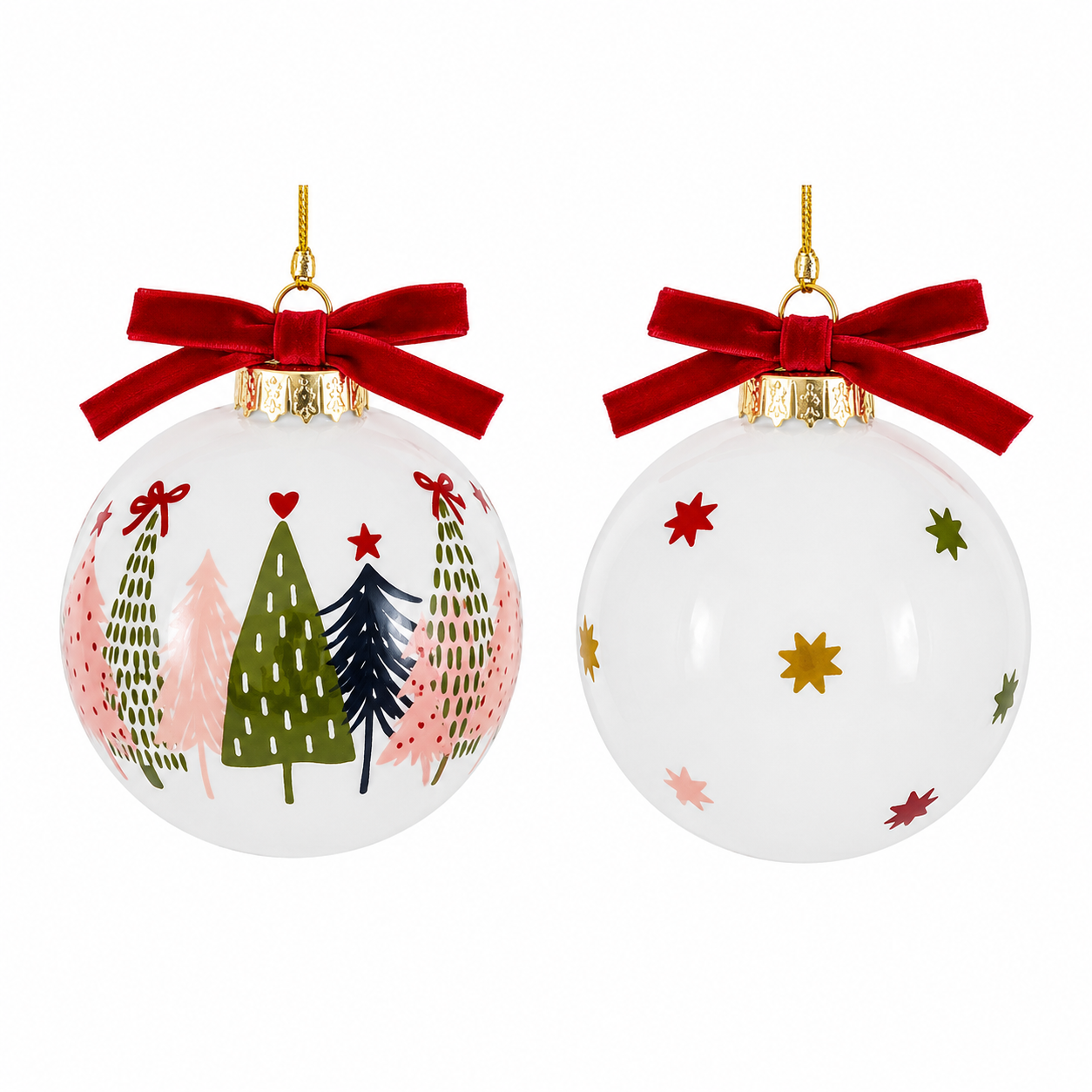 Boxed set of two glass Christmas ornaments with festive tree and star designs, red velvet bows, and elegant holiday gift packaging.