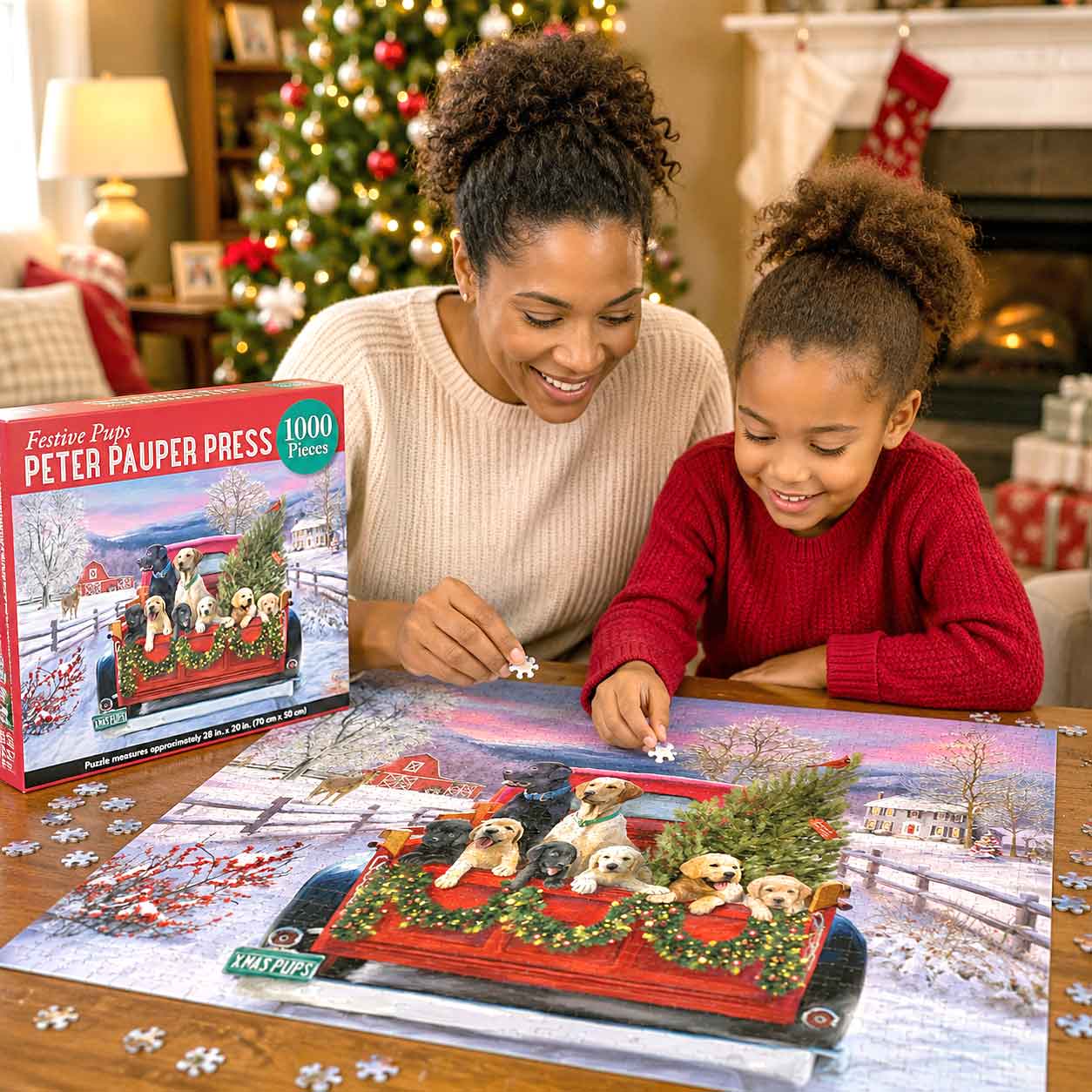 Woman and child working on a puzzle together with a Christmas-themed puzzle box in front of a decorated Christmas tree.