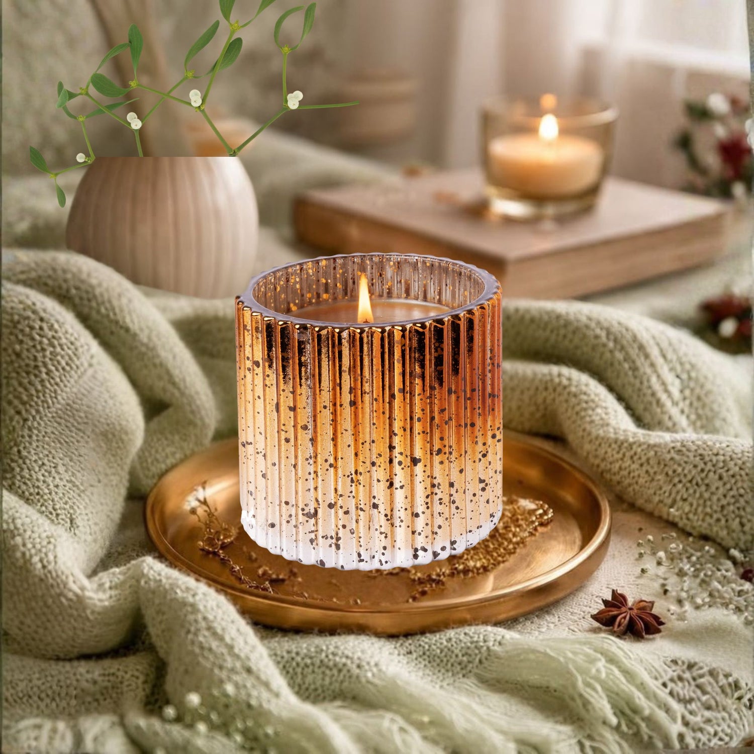 Cinnamon Cider - Plaid Ribbed Glass Candle on a decorative try on a cozy living room background