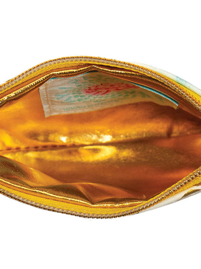 Gold pouch with a clear flap on a white background