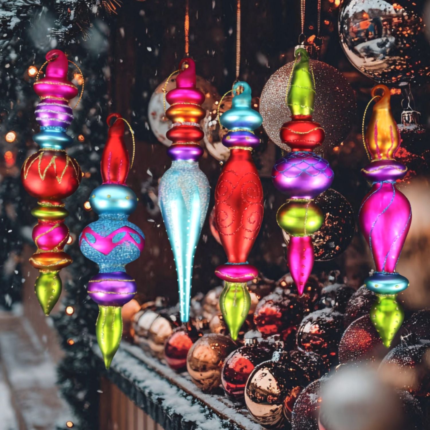 Colorful Christmas ornaments hanging against a snowy background