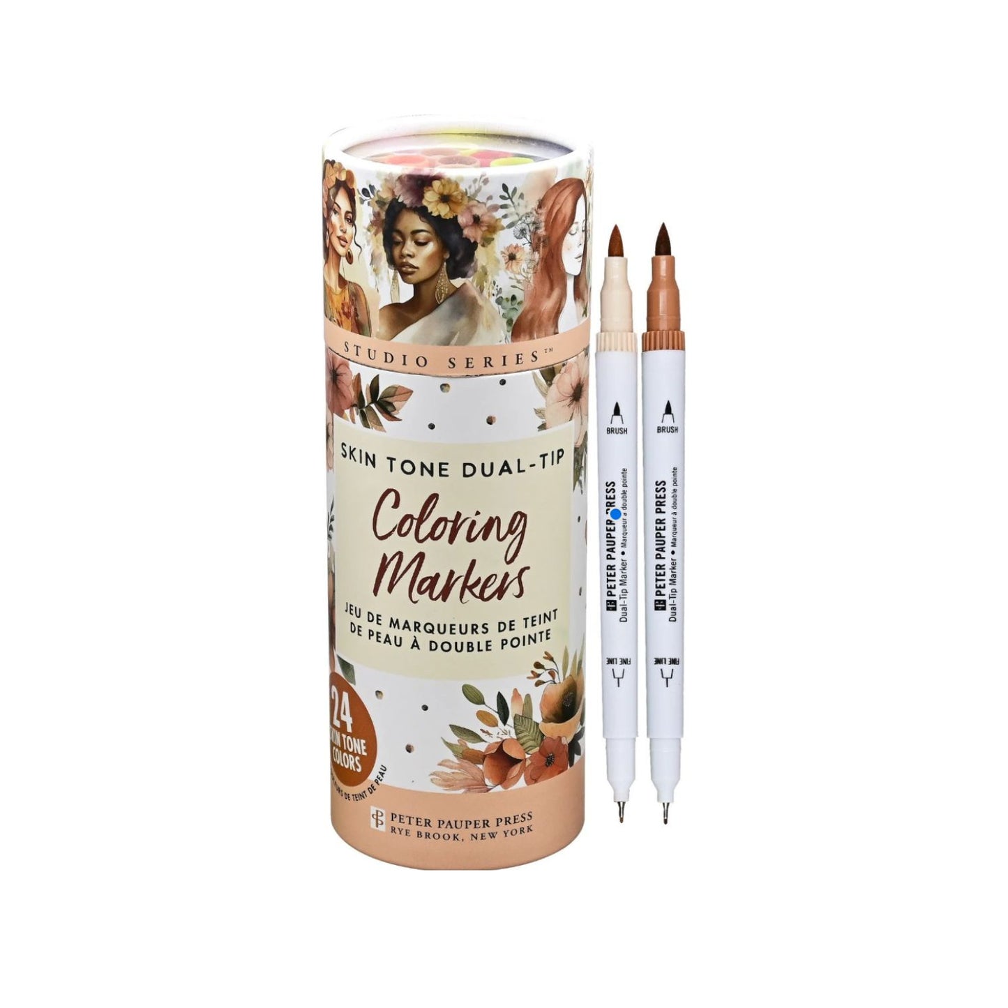 Coloring markers with a cylindrical packaging featuring artistic illustrations on a white background