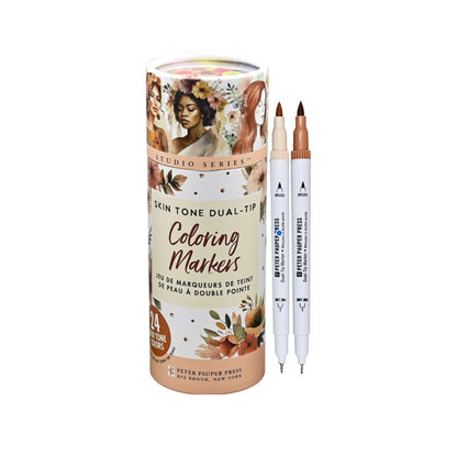 Coloring markers with a cylindrical packaging featuring artistic illustrations on a white background