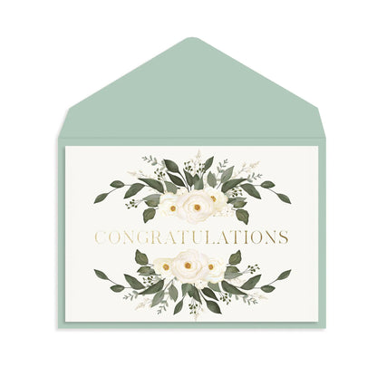 Wedding card with floral design and 'Congratulations' text, featuring a matching envelope