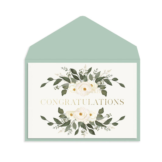 Wedding card with floral design and 'Congratulations' text, featuring a matching envelope