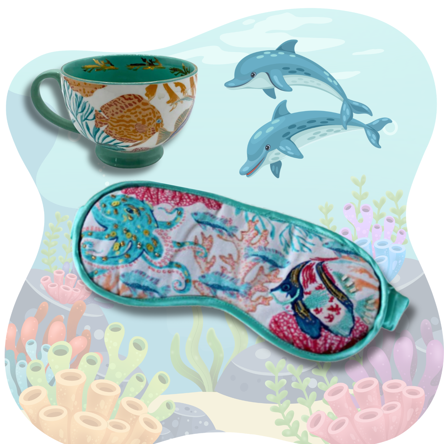 Set of ocean-themed items including a mug, tray, and eye mask on an underwater-themed background.