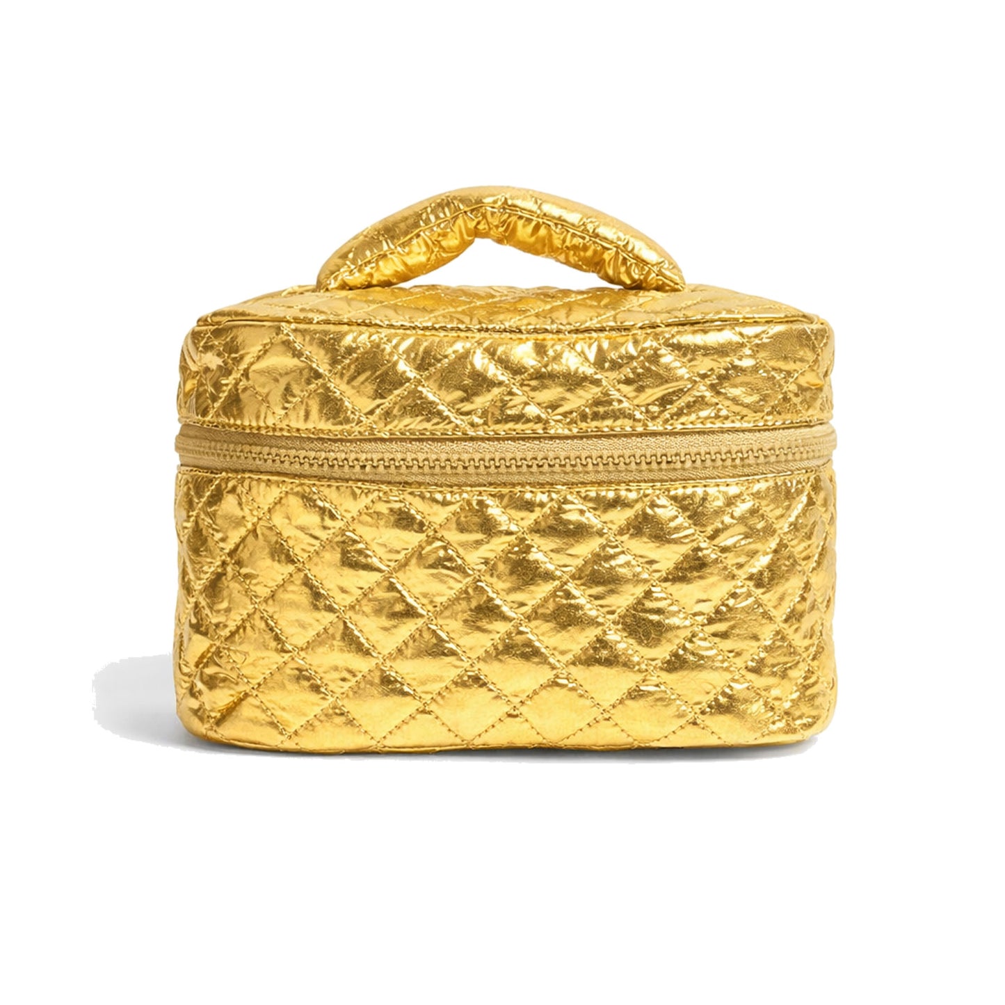 Gold quilted makeup bag on a white background