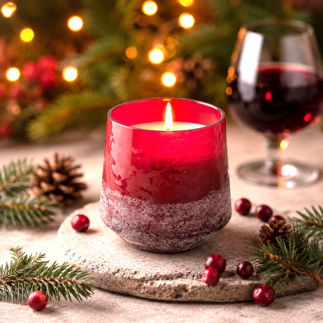 Create a warm holiday atmosphere with the Baltic Glass Cranberry Currant Christmas Candle. 