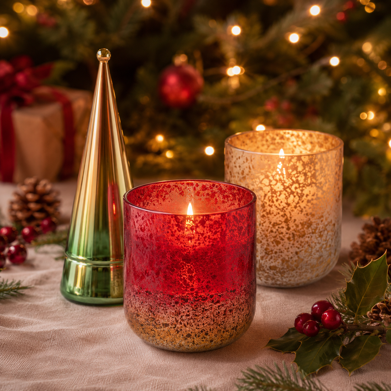 The Cranberry Currant Radiant Glass Candle, featuring a sparkling red mercury glass vessel