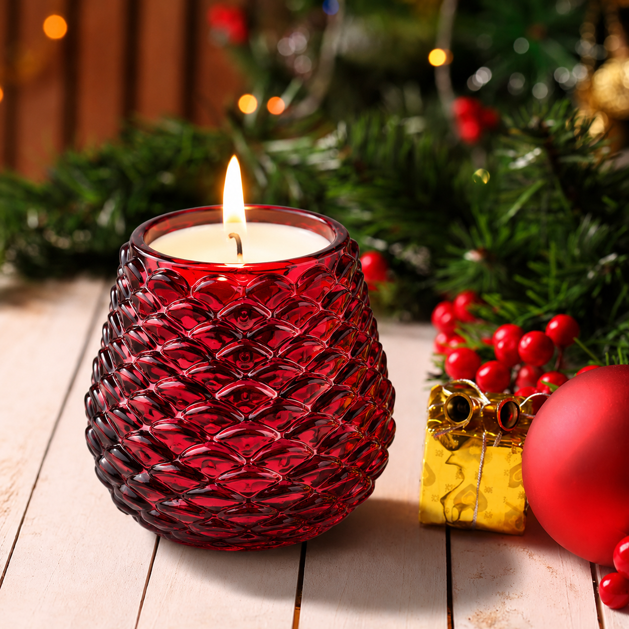 Small in size but rich in festive charm, this radiant glass candle brings warmth, sparkle, and the comforting fragrance of Crimson Wood to any room.